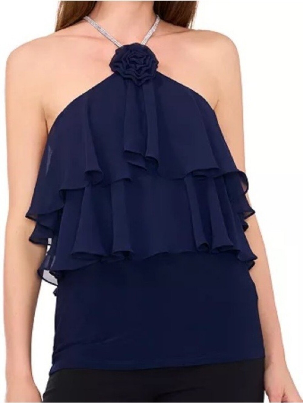 NWT MSK Navy Blue Rhinestone Halter Tiered Chiffon Top Rosette Blouse XL - Picture 6 of 15
